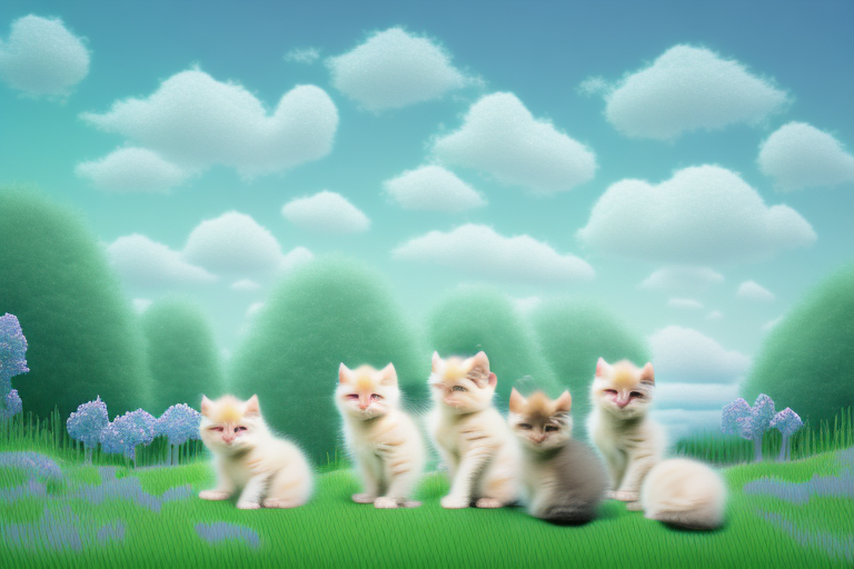 A dreamy landscape with a group of baby kittens playing in the foreground