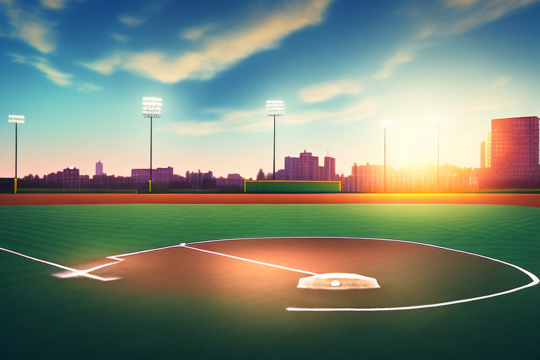 A baseball field at sunset
