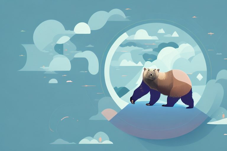 A bear chasing a person through a dream-like landscape