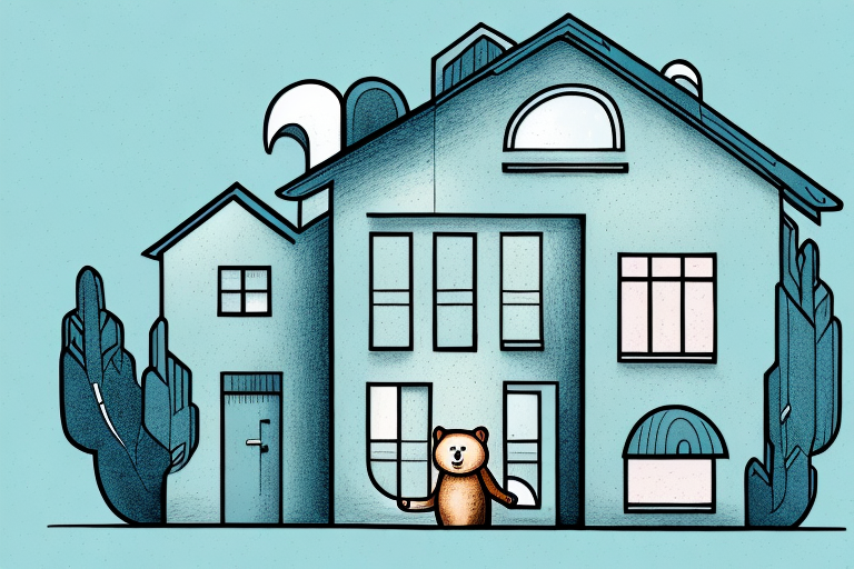 A house with a bear peeking out from behind a window