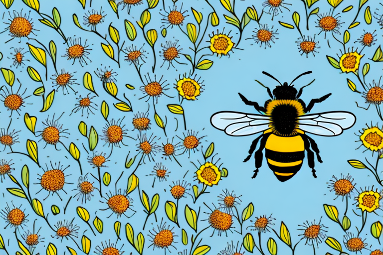 A bee surrounded by a field of flowers and a hive of honey