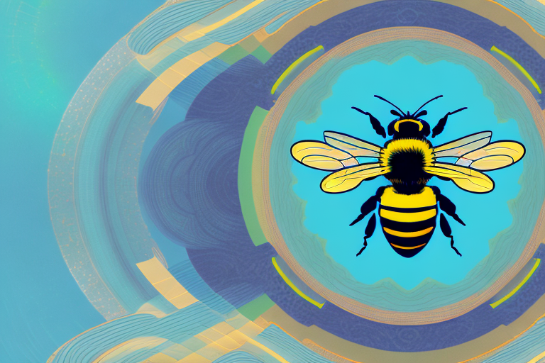 A bee hovering over a dreamscape of surreal shapes and colors