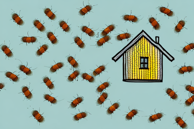 A house with a swarm of bees buzzing around it