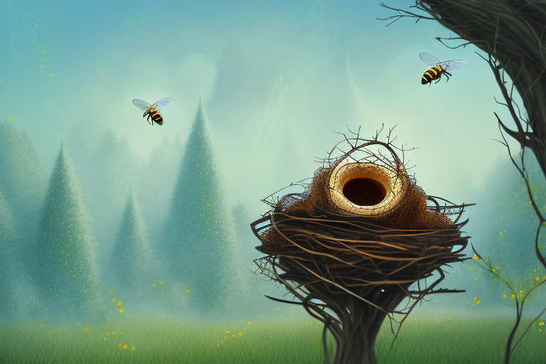 A bee's nest surrounded by a dream-like landscape