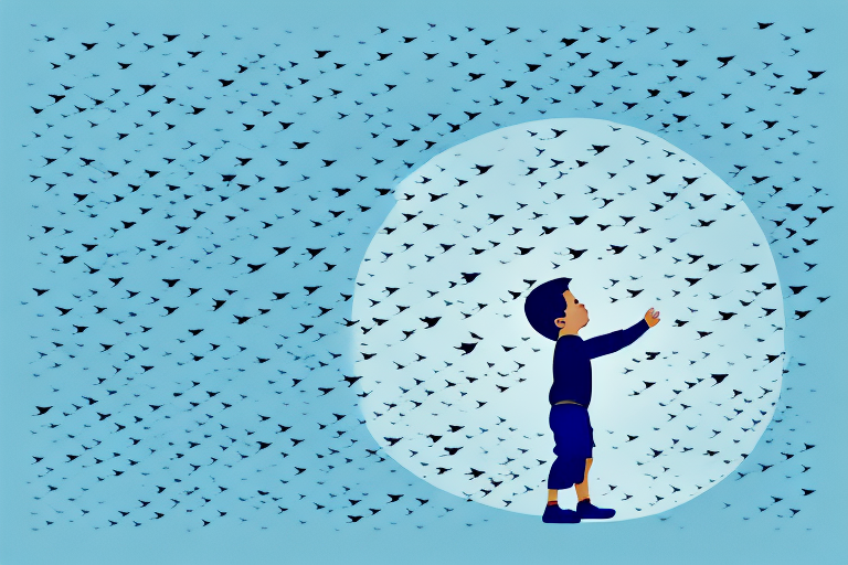 A child looking up at a flock of birds flying away into the night sky