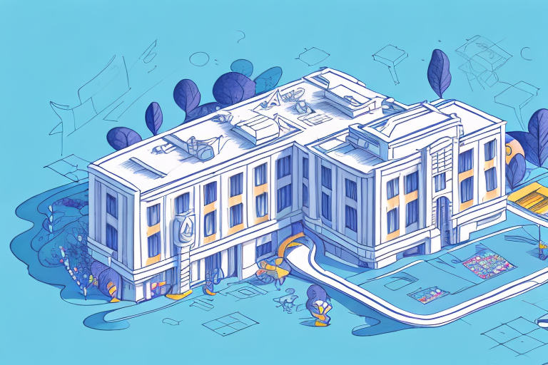 A school building surrounded by a dream-like atmosphere