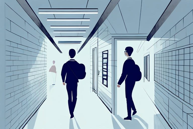 A student walking through a school hallway with an oppressive atmosphere