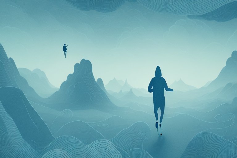A person running away from a mysterious figure in a dream-like landscape