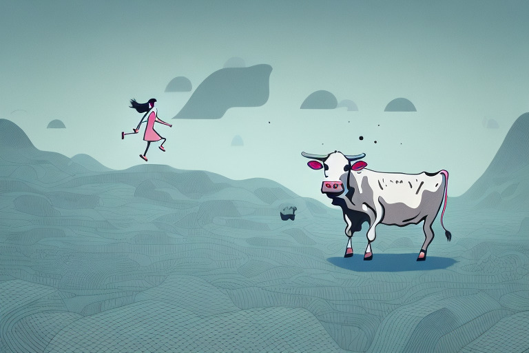 A person running away from a cow in a dream-like setting