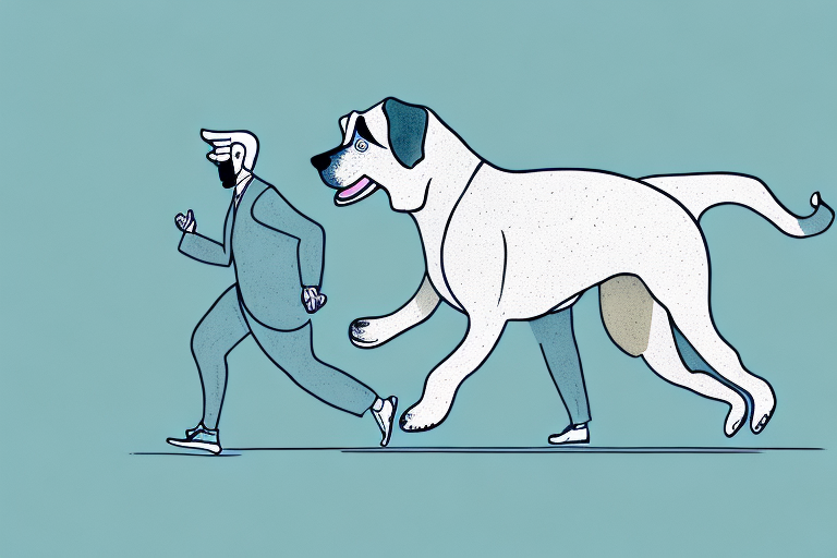 A person running away from a large dog
