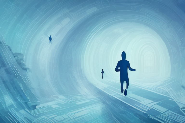 A person running away from a mysterious figure in a dream-like environment