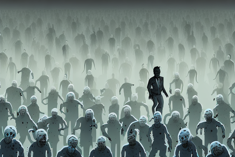 A person running away from a horde of zombies in a dark