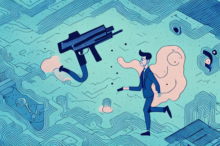 A person running away from a gun in a dream-like environment