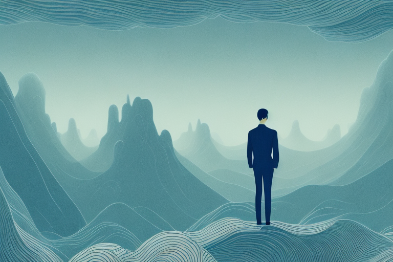 A person standing in a dream-like landscape