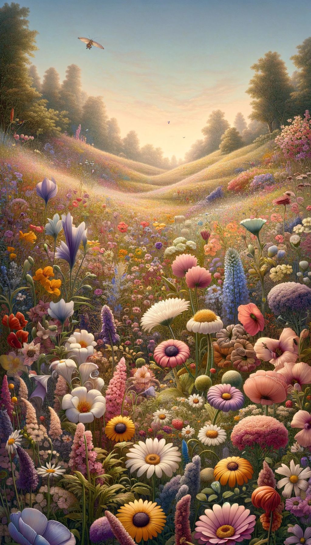 An illustration of a whimsical, flower-filled meadow.