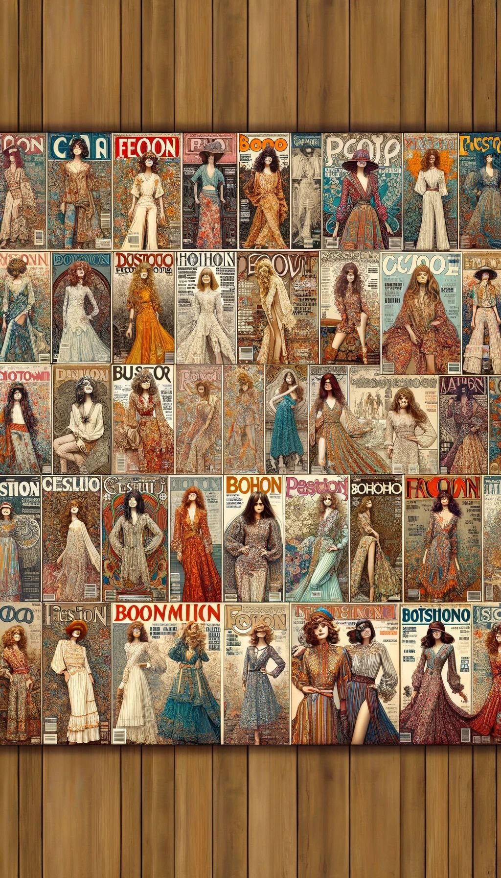 A collage of vintage, boho-style fashion magazine covers