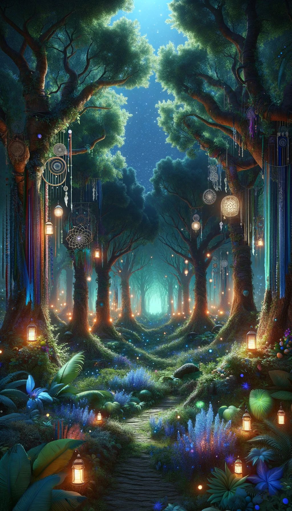 A digital rendering of a mystical, boho-style forest at night