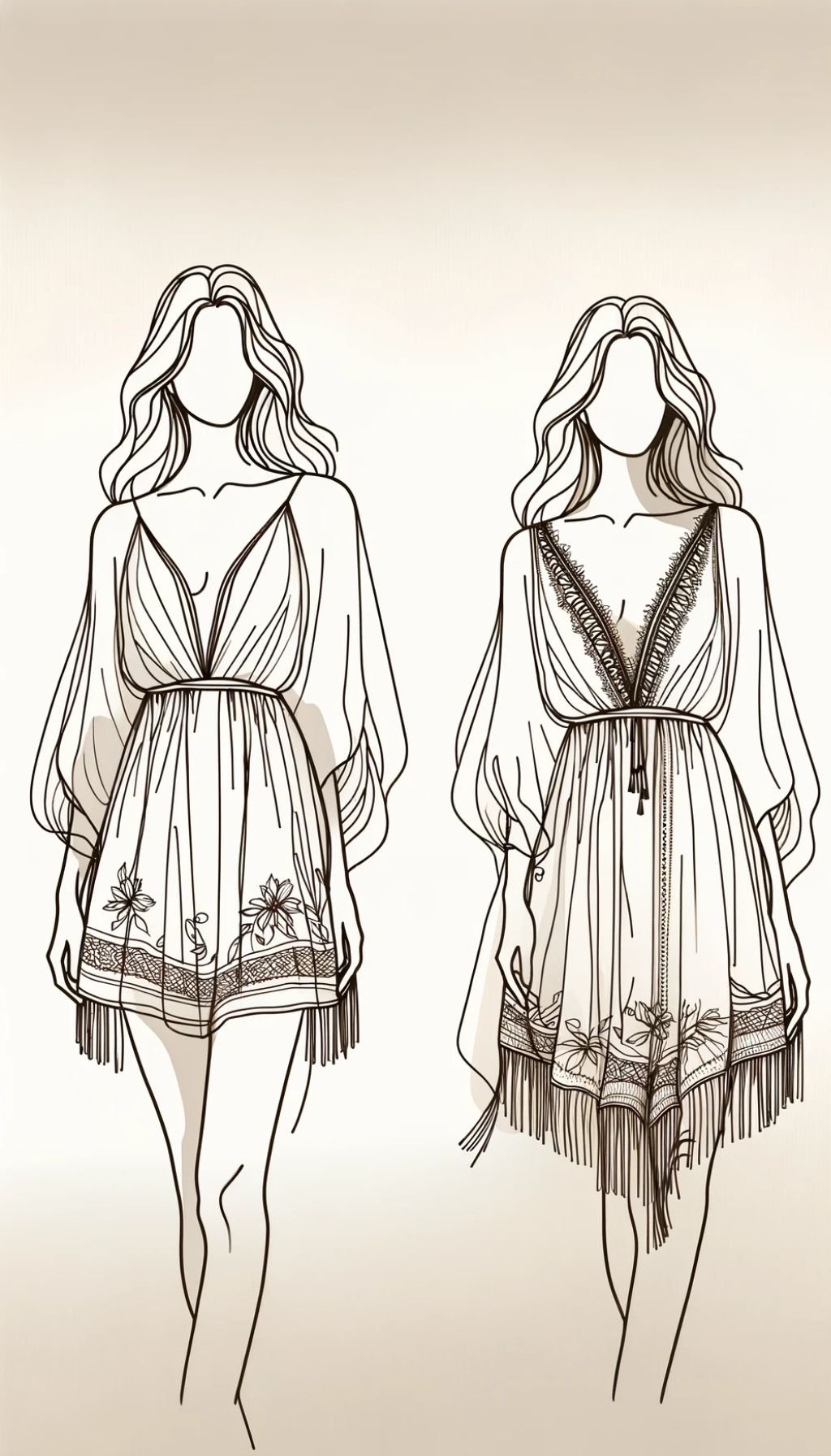 A minimalist line art drawing of a woman in a boho dress