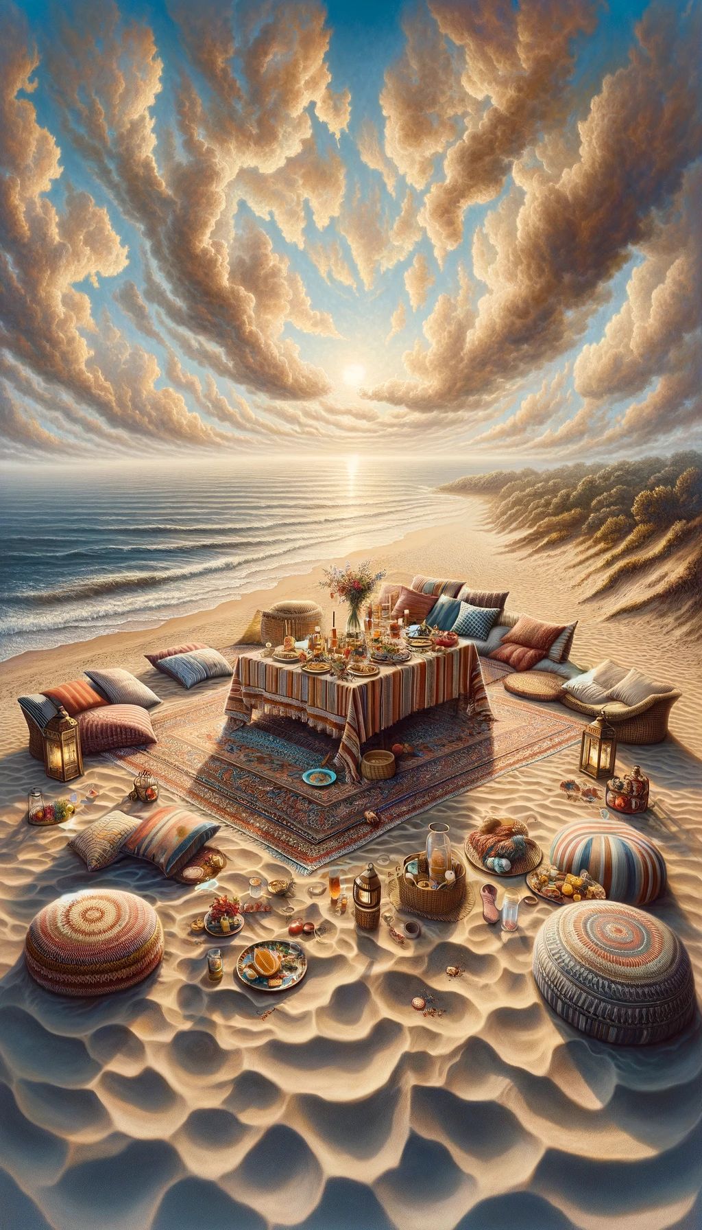 A photo of a beach with a bohemian styled picnic setup