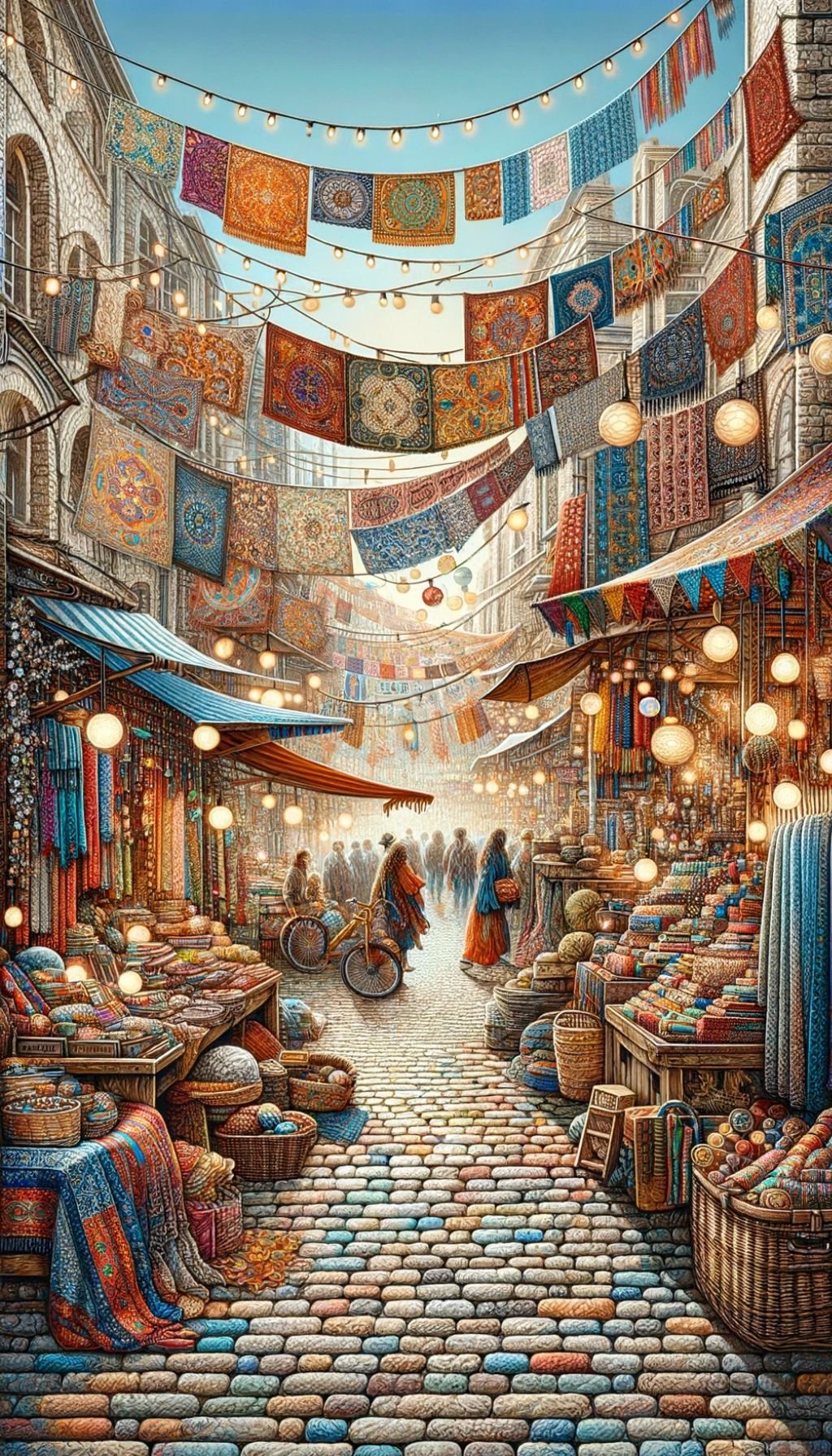 A photograph of a bohemian street market with vibrant textiles
