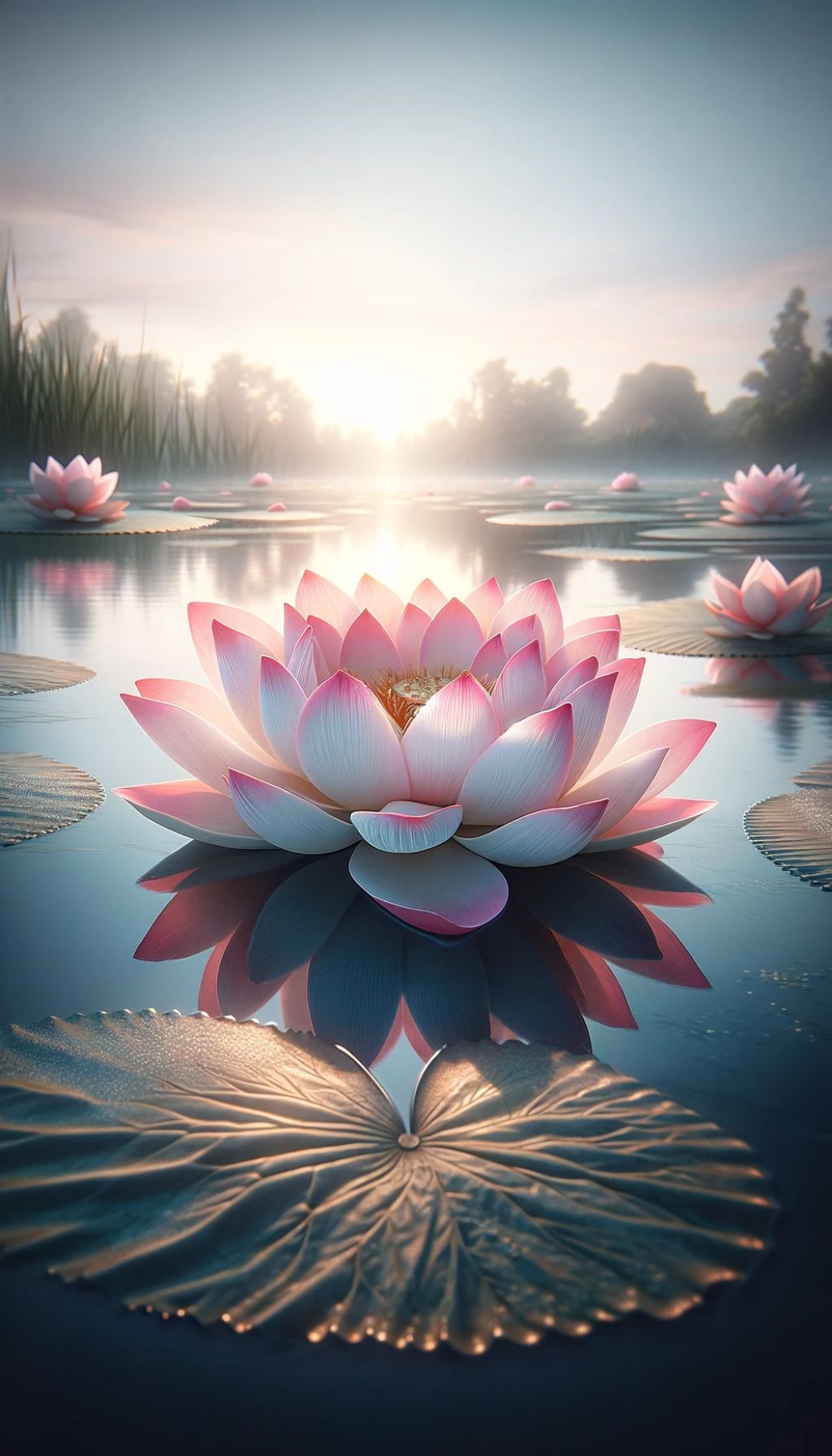 A serene image of a lotus flower on a tranquil pond