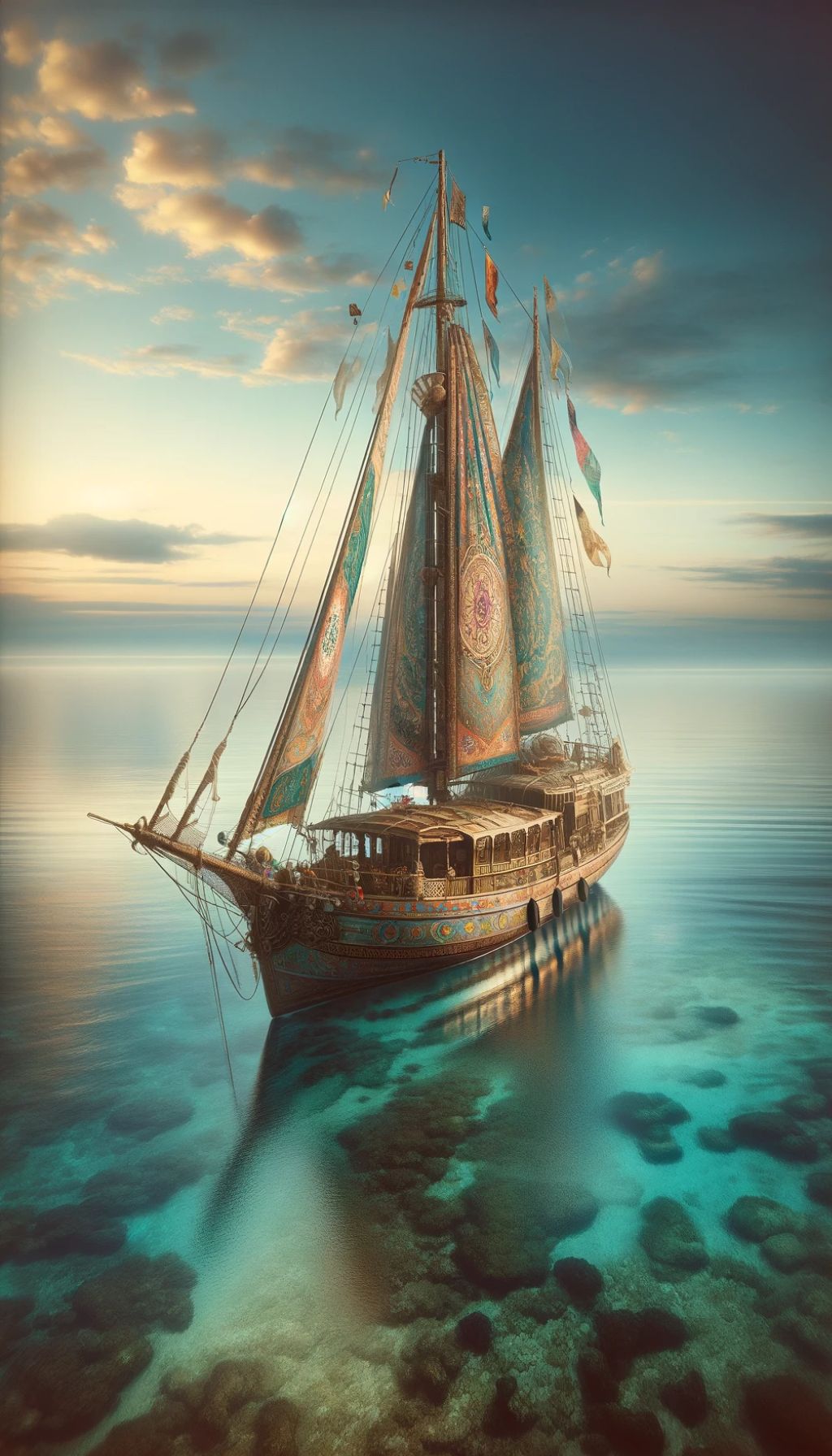A serene seascape with a bohemian style sailboat