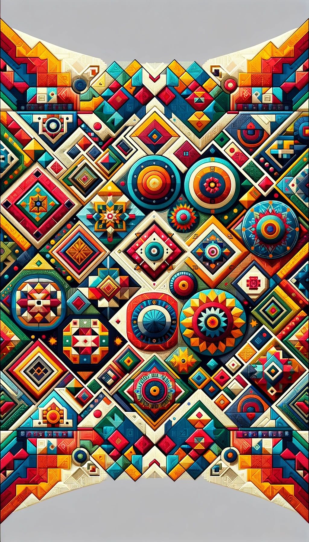 A vibrant tapestry pattern with geometric shapes and bold colors