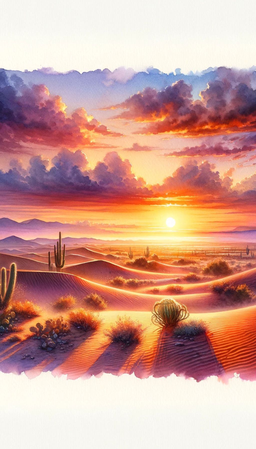 A watercolor painting of a desert landscape at sunset