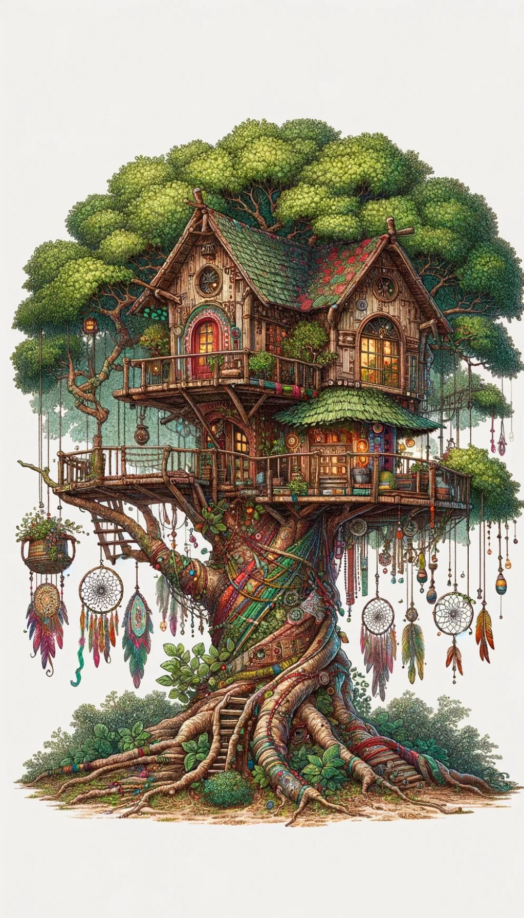 A whimsical illustration of a boho-style treehouse