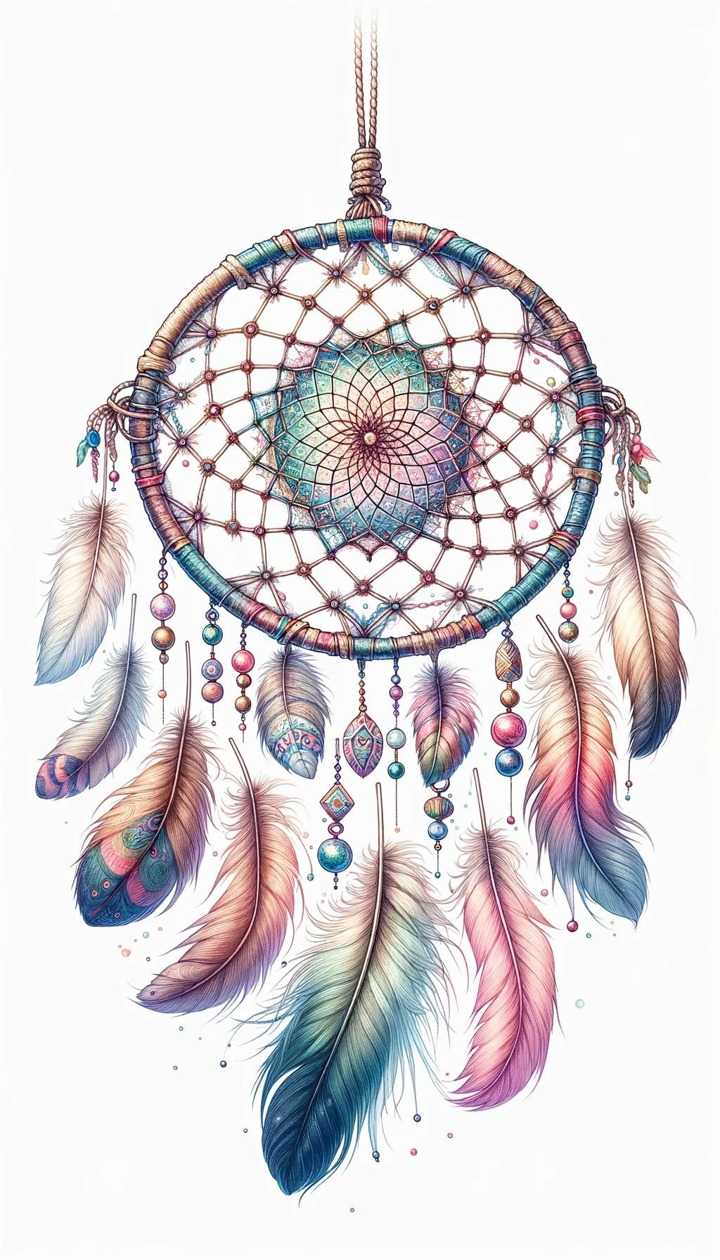 A whimsical illustration of a dreamcatcher with feathers and beads