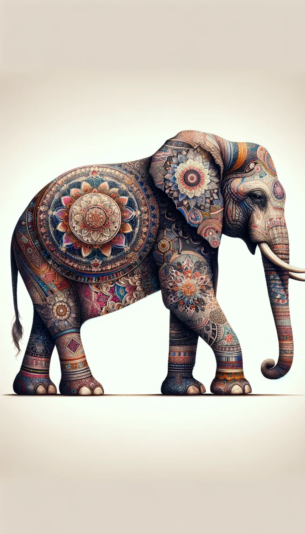 An artistic rendering of an elephant adorned with boho patterns