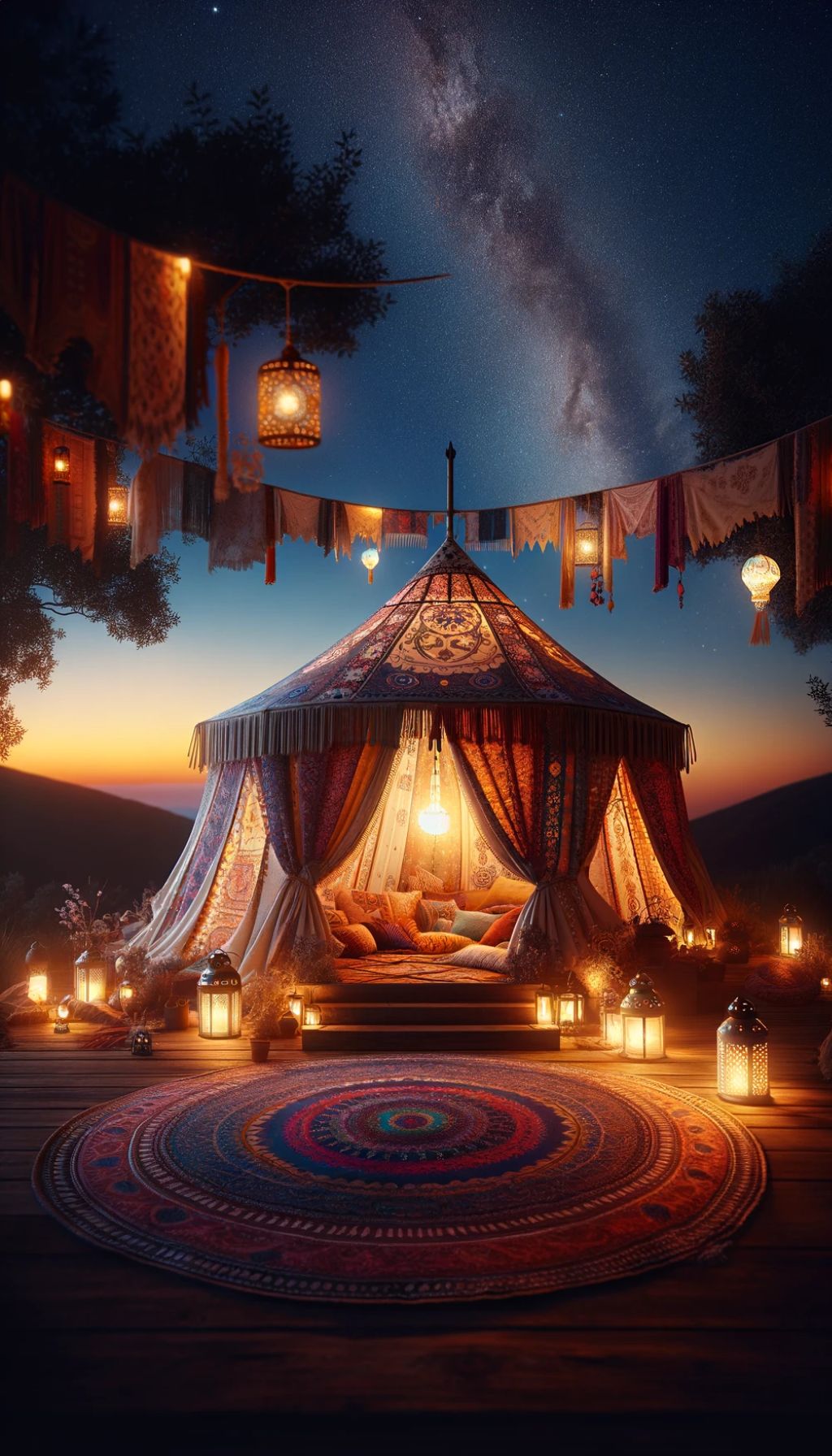 An image of a lantern-lit boho tent at twilight