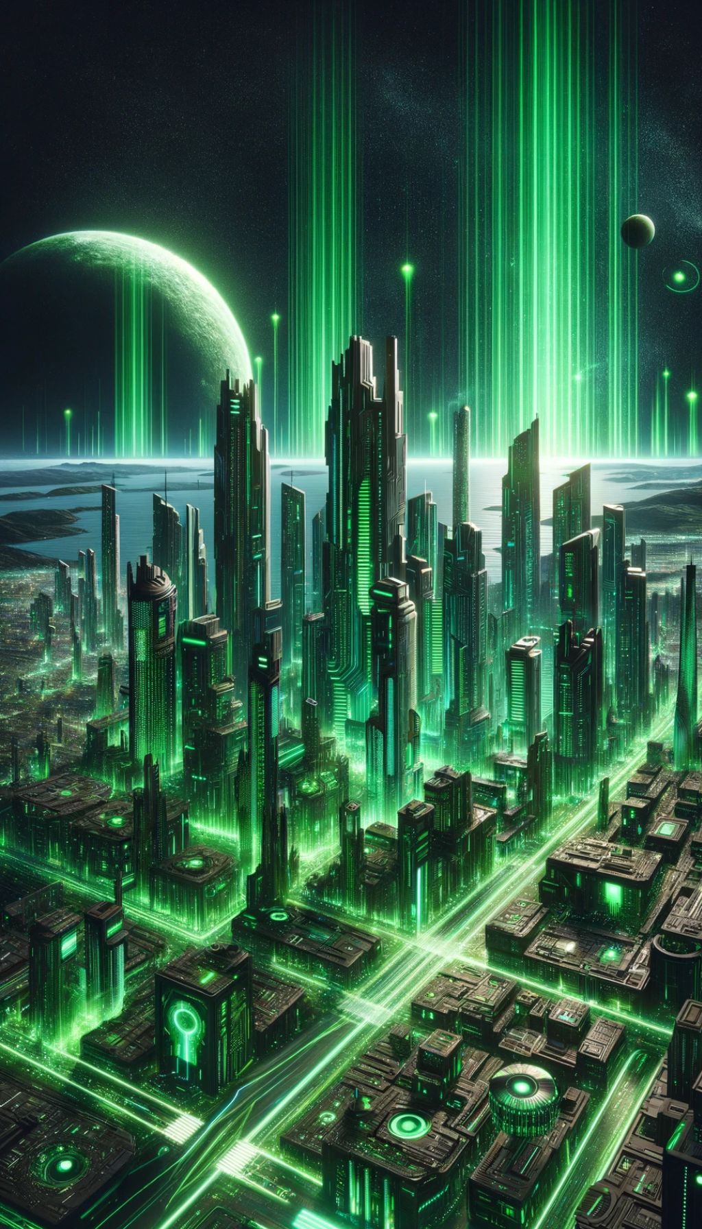 Futuristic green neon cityscape