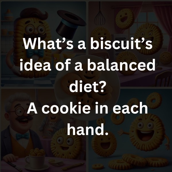 What’s a biscuit’s idea of a balanced diet? A cookie in each hand.