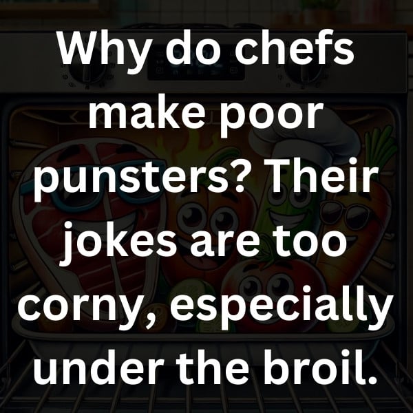 Why do chefs make poor punsters_ Their jokes are too corny, especially under the broil