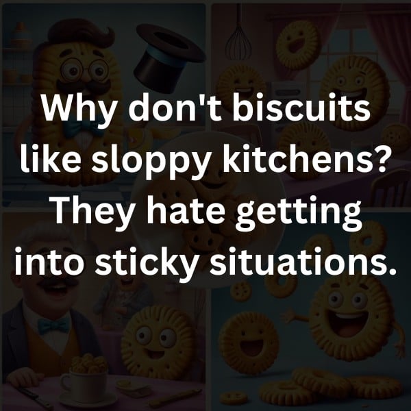 Why don't biscuits like sloppy kitchens? They hate getting into sticky situations.