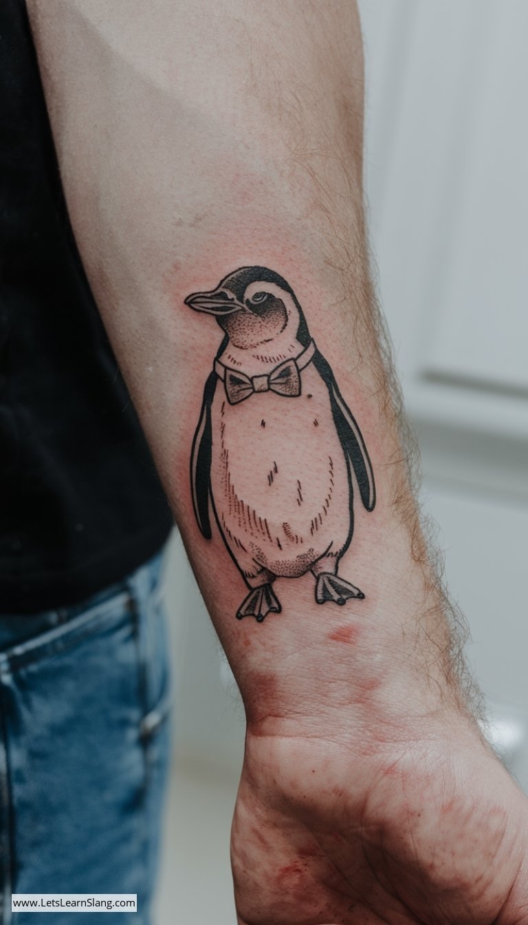 Charming Penguin with Bow Tie Wrist Tattoo