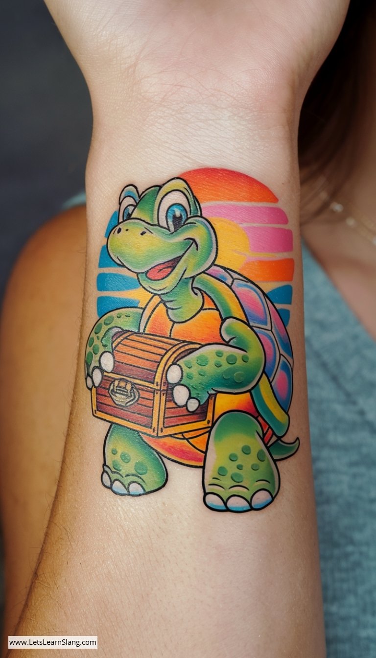 Colorful Cartoon Turtle Wrist Tattoo