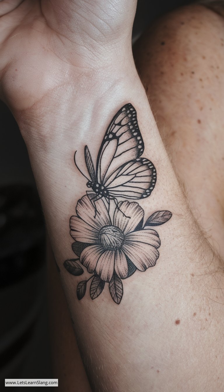 Dainty Black and White Butterfly Wrist Tattoo