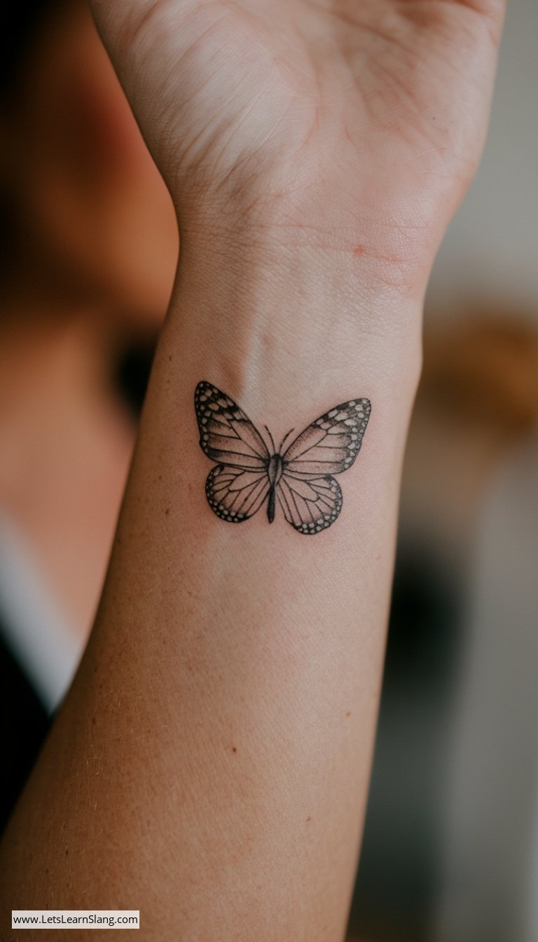 Detailed Butterfly Wrist Tattoo