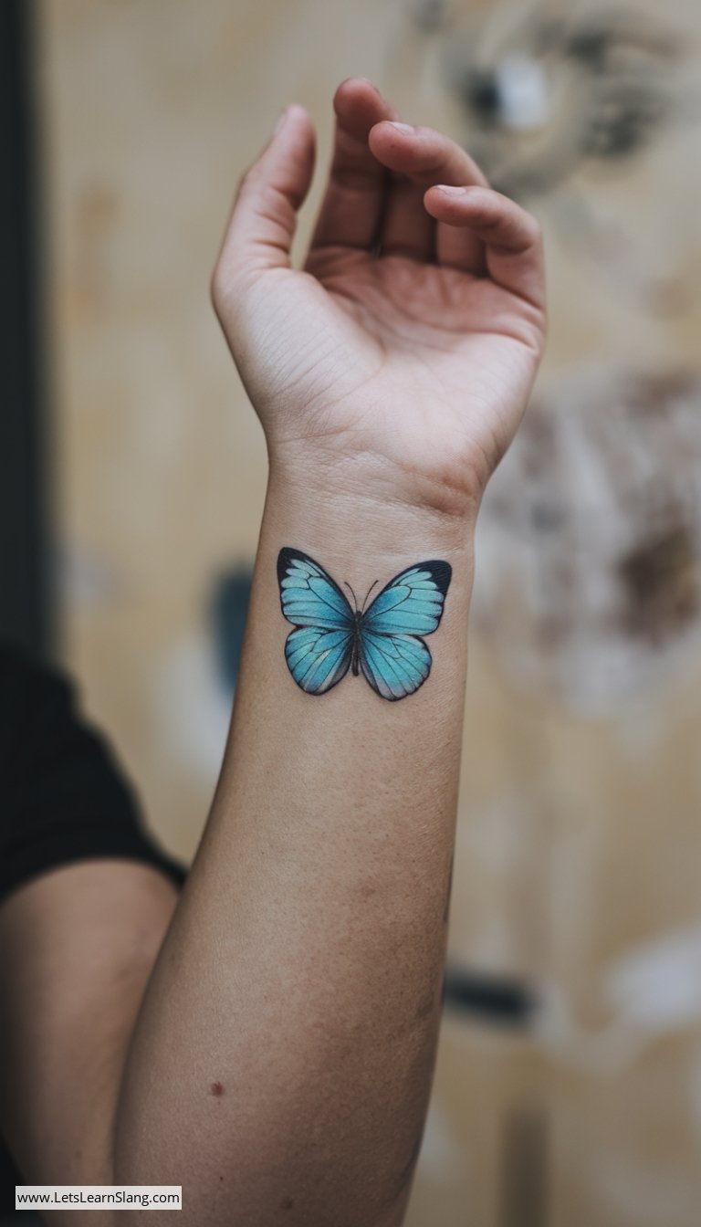 Elegant Blue Butterfly Wrist Tattoo
