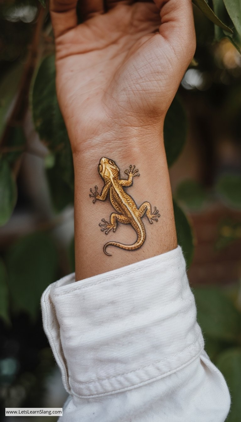 Elegant Golden Lizard Wrist Tattoo