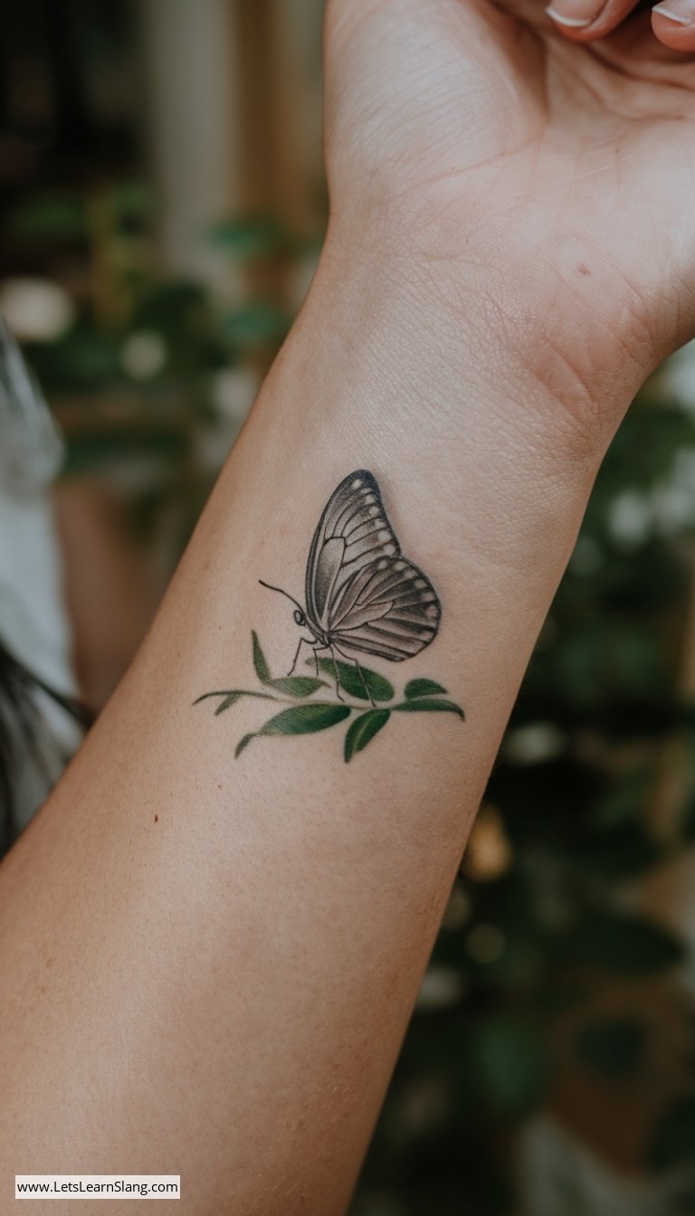 Elegant Grey Butterfly Wrist Tattoo