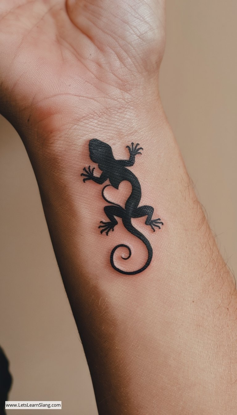 Heart-Lizard Silhouette Wrist Tattoo
