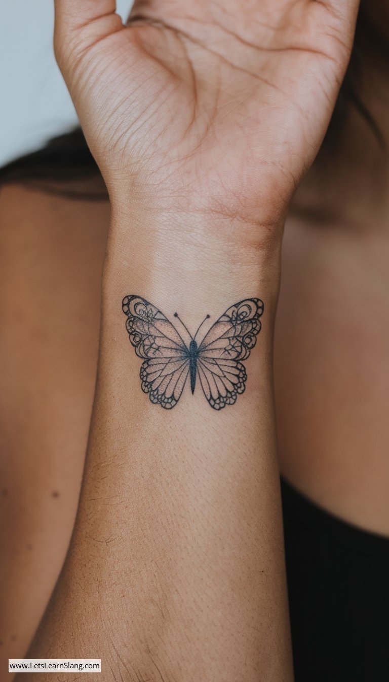 Lace-Detailed Butterfly Wrist Tattoo
