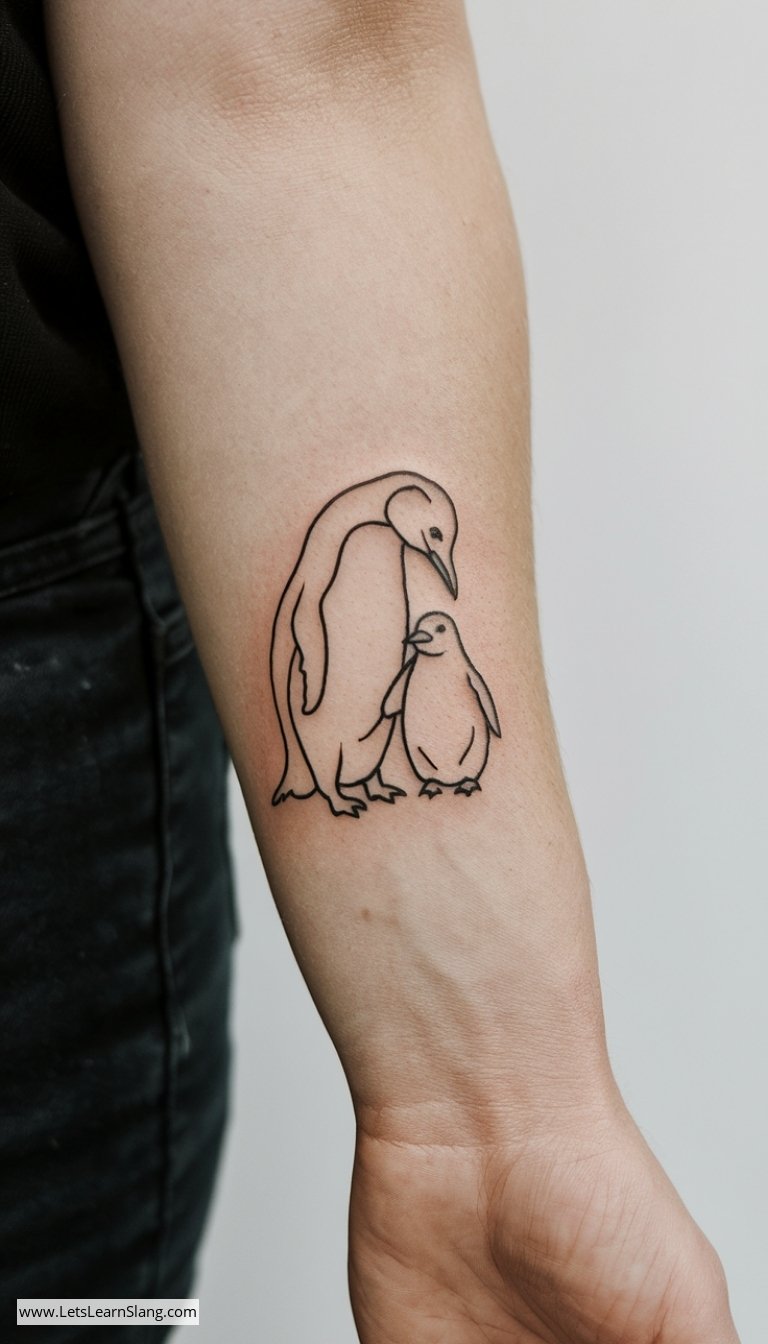 Minimalist Mother and Baby Penguin Wrist Tattoo