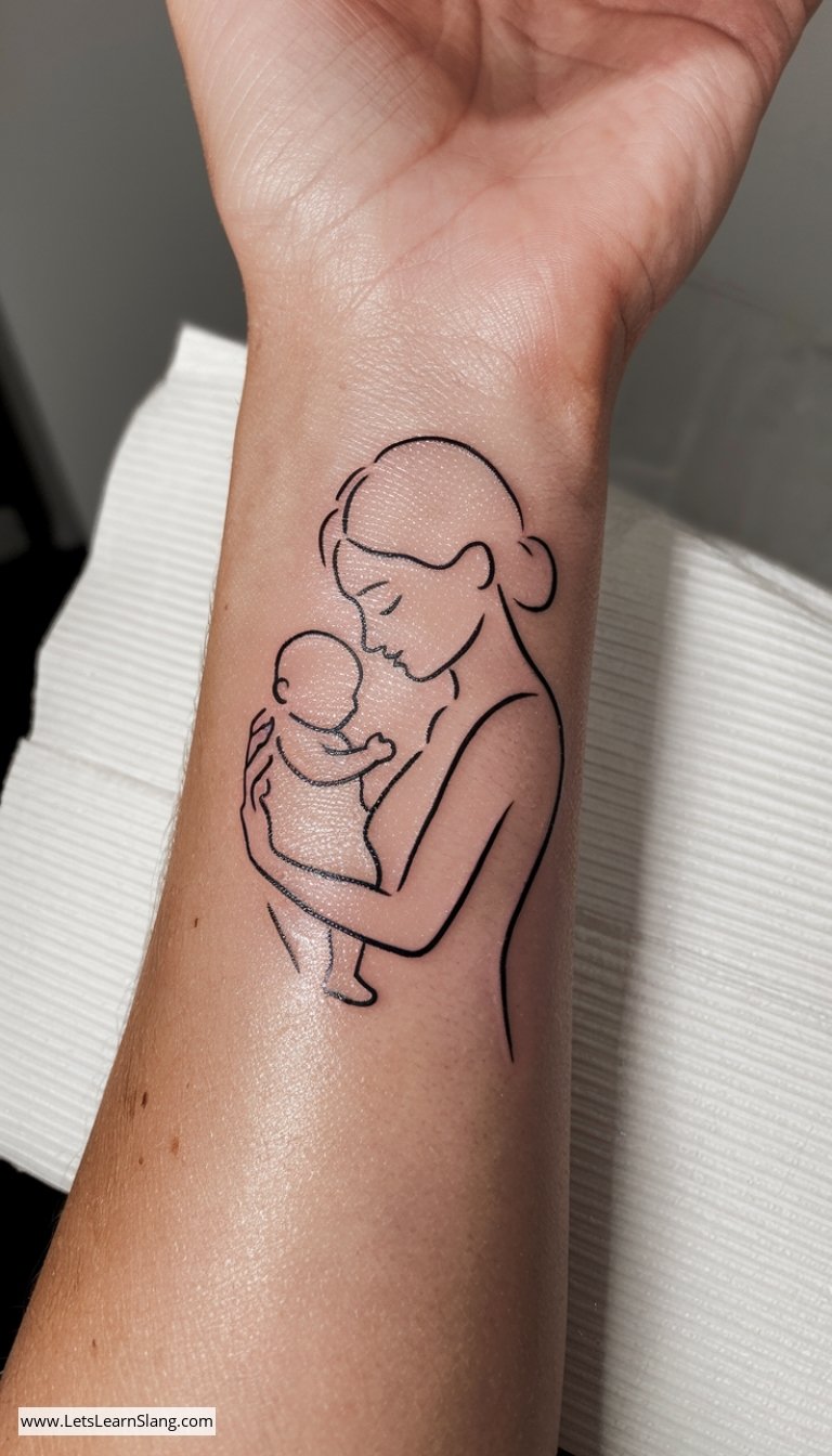 Mother Embracing Baby Outline Tattoo