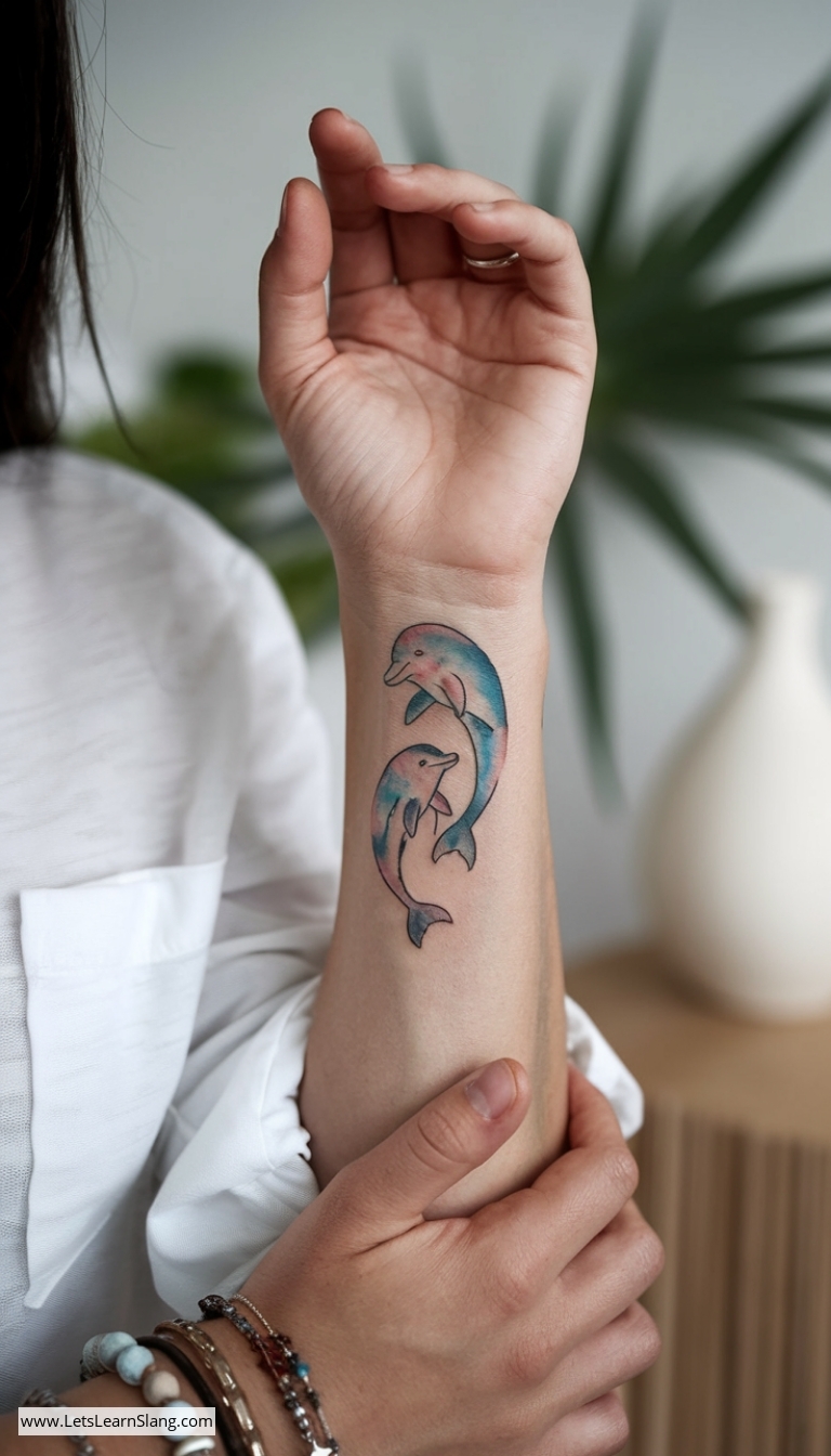 Mother and Baby Dolphin Wrist Tattoo