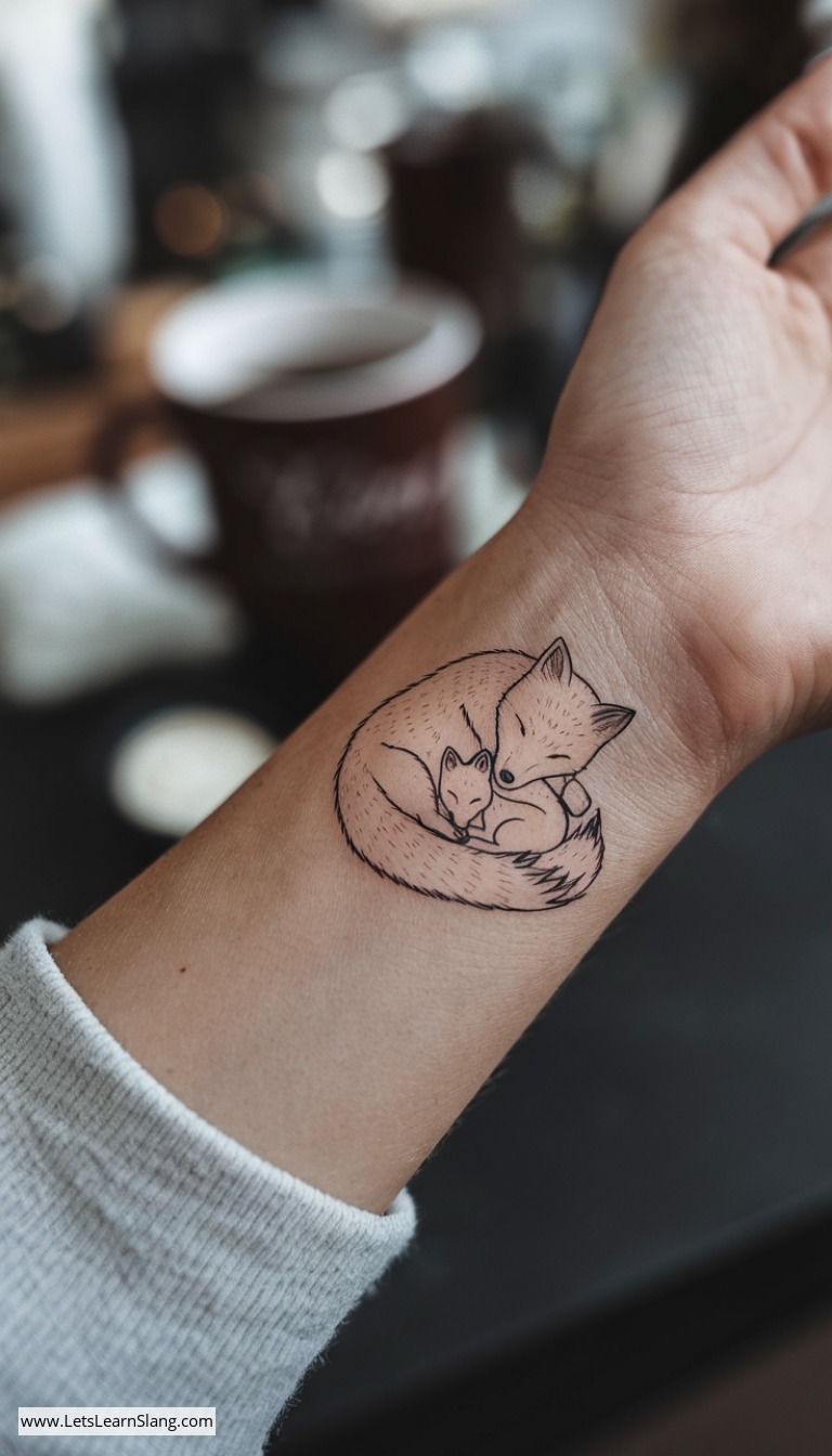 Mother and Baby Fox Wrist Tattoo
