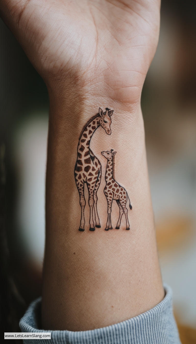 Mother and Baby Giraffe Wrist Tattoo